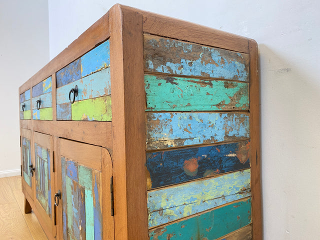 Boatwood by WMK I Nachhaltiges handgefertigtes Sideboard aus altem Bootsholz mit Schubladen I Teakholz massiv I Kommode TV Lowboard Fernsehkommode Wäschekommode Schrank Bootsmöbel Berlin Kiel Bremen