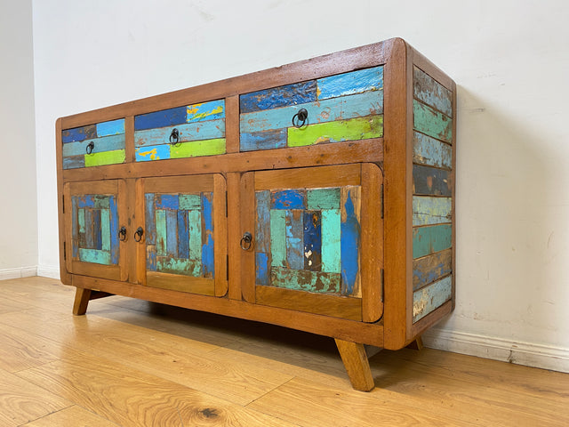 Boatwood by WMK I Nachhaltiges handgefertigtes Sideboard aus altem Bootsholz mit Schubladen I Teakholz massiv I Kommode TV Lowboard Fernsehkommode Wäschekommode Schrank Bootsmöbel Berlin Kiel Bremen