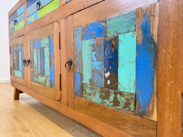 Boatwood by WMK I Nachhaltiges handgefertigtes Sideboard aus altem Bootsholz mit Schubladen I Teakholz massiv I Kommode TV Lowboard Fernsehkommode Wäschekommode Schrank Bootsmöbel Berlin Kiel Bremen