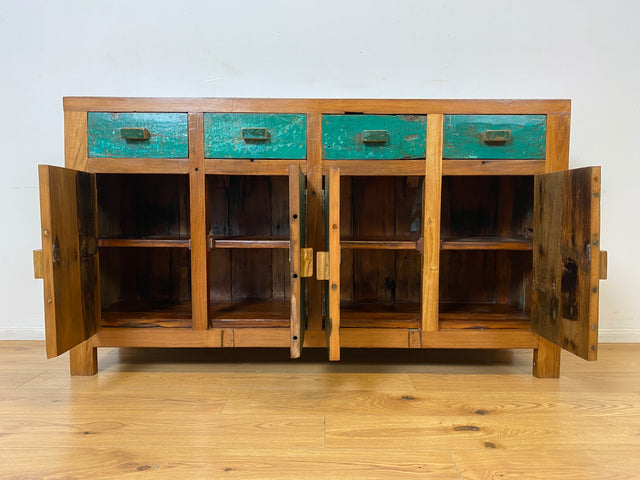 Boatwood by WMK I Nachhaltiges Sideboard handgefertigt aus altem Bootsholz mit Schubladen I Teakholz massiv I Schrank Wäschekommode Kommode Anrichte TV Lowboard Bootsmöbel Teak Berlin Köln Regensburg