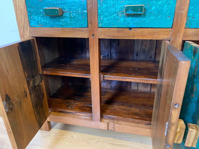 Boatwood by WMK I Nachhaltiges Sideboard handgefertigt aus altem Bootsholz mit Schubladen I Teakholz massiv I Schrank Wäschekommode Kommode Anrichte TV Lowboard Bootsmöbel Teak Berlin Köln Regensburg