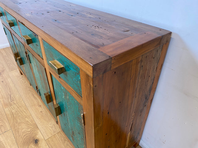 Boatwood by WMK I Nachhaltiges Sideboard handgefertigt aus altem Bootsholz mit Schubladen I Teakholz massiv I Schrank Wäschekommode Kommode Anrichte TV Lowboard Bootsmöbel Teak Berlin Köln Regensburg