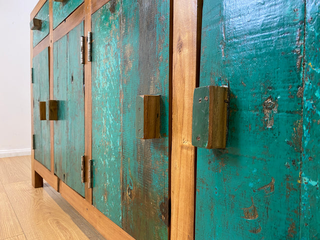 Boatwood by WMK I Nachhaltiges Sideboard handgefertigt aus altem Bootsholz mit Schubladen I Teakholz massiv I Schrank Wäschekommode Kommode Anrichte TV Lowboard Bootsmöbel Teak Berlin Köln Regensburg