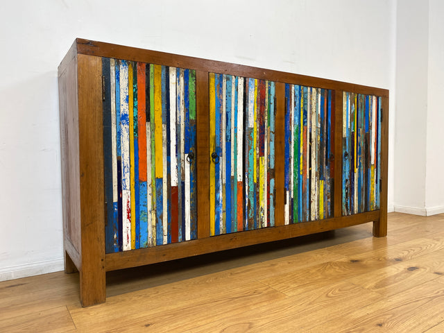 Boatwood by WMK I Einzigartiges Sideboard handgefertigt aus altem Bootsholz I Patchwork in Originalfarben I Teakholz I Kommode TV-Lowboard Schrank Anrichte TV-Bank Bootsmöbel I Berlin Rostock Hamburg