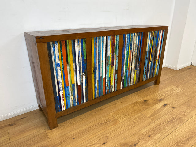Boatwood by WMK I Einzigartiges Sideboard handgefertigt aus altem Bootsholz I Patchwork in Originalfarben I Teakholz I Kommode TV-Lowboard Schrank Anrichte TV-Bank Bootsmöbel I Berlin Rostock Hamburg