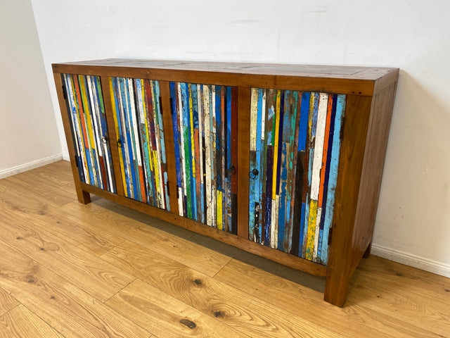 Boatwood by WMK I Einzigartiges Sideboard handgefertigt aus altem Bootsholz I Patchwork in Originalfarben I Teakholz I Kommode TV-Lowboard Schrank Anrichte TV-Bank Bootsmöbel I Berlin Rostock Hamburg