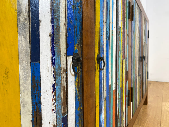 Boatwood by WMK I Einzigartiges Sideboard handgefertigt aus altem Bootsholz I Patchwork in Originalfarben I Teakholz I Kommode TV-Lowboard Schrank Anrichte TV-Bank Bootsmöbel I Berlin Rostock Hamburg