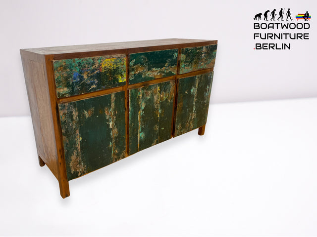Boatwood by WMK I Einzigartiges Sideboard handgefertigt aus altem Bootsholz in Originalfarben I Teakholz massiv I Schrank Kommode Anrichte Büfett Buffet Chest Wäschekommode I Berlin Dresden Frankfurt