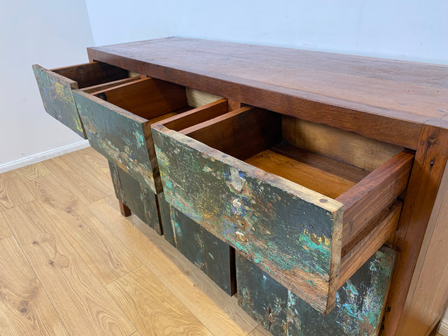 Boatwood by WMK I Einzigartiges Sideboard handgefertigt aus altem Bootsholz in Originalfarben I Teakholz massiv I Schrank Kommode Anrichte Büfett Buffet Chest Wäschekommode I Berlin Dresden Frankfurt