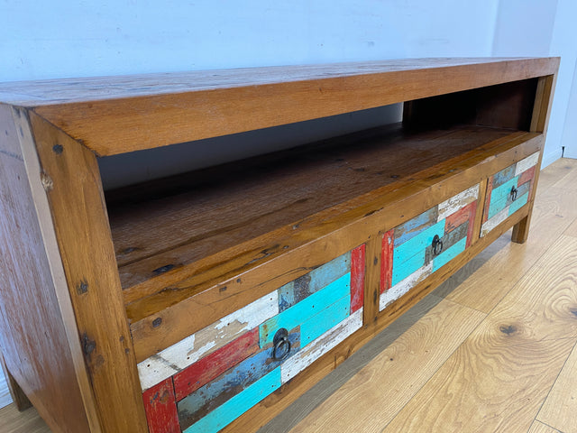 Boatwood by WMK I Bunterschönes TV Lowboard handgefertigt aus altem Bootsholz in Originalfarben I Teakholz massiv I Sideboard Kommode Bank Rack Stand Fernsehkommode Bootsmöbel I Berlin Kiel Rostock