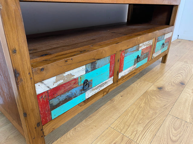 Boatwood by WMK I Bunterschönes TV Lowboard handgefertigt aus altem Bootsholz in Originalfarben I Teakholz massiv I Sideboard Kommode Bank Rack Stand Fernsehkommode Bootsmöbel I Berlin Kiel Rostock