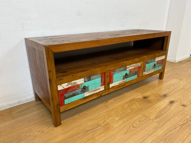 Boatwood by WMK I Bunterschönes TV Lowboard handgefertigt aus altem Bootsholz in Originalfarben I Teakholz massiv I Sideboard Kommode Bank Rack Stand Fernsehkommode Bootsmöbel I Berlin Kiel Rostock