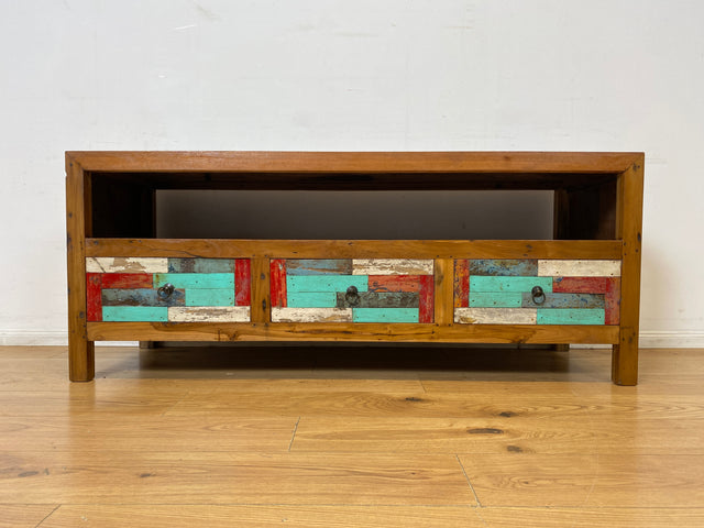 Boatwood by WMK I Bunterschönes TV Lowboard handgefertigt aus altem Bootsholz in Originalfarben I Teakholz massiv I Sideboard Kommode Bank Rack Stand Fernsehkommode Bootsmöbel I Berlin Kiel Rostock