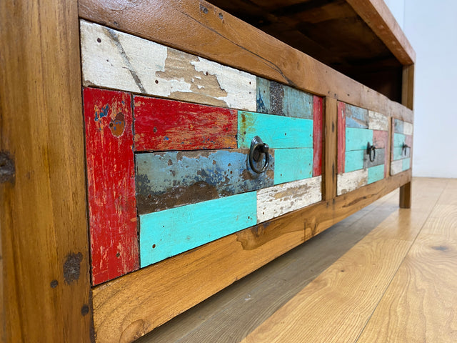 Boatwood by WMK I Bunterschönes TV Lowboard handgefertigt aus altem Bootsholz in Originalfarben I Teakholz massiv I Sideboard Kommode Bank Rack Stand Fernsehkommode Bootsmöbel I Berlin Kiel Rostock