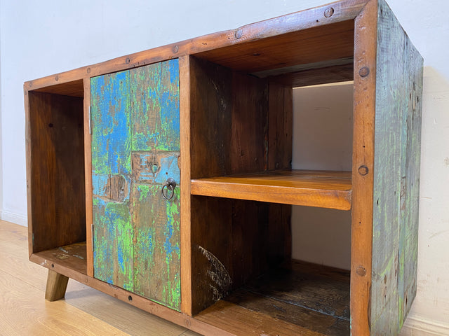 Boatwood by WMK I Sehr schöne offene Kommode handgefertigt aus altem Bootsholz in grüner Originalfarbe I Sideboard Regal Bücherschrank Bücherregal TV Lowboard Bank Bootsmöbel I Berlin Bremen Hamburg