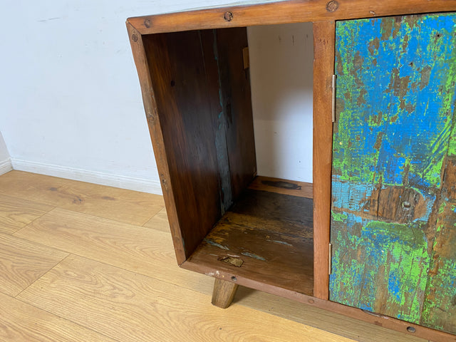 Boatwood by WMK I Sehr schöne offene Kommode handgefertigt aus altem Bootsholz in grüner Originalfarbe I Sideboard Regal Bücherschrank Bücherregal TV Lowboard Bank Bootsmöbel I Berlin Bremen Hamburg