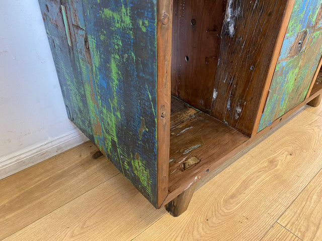 Boatwood by WMK I Sehr schöne offene Kommode handgefertigt aus altem Bootsholz in grüner Originalfarbe I Sideboard Regal Bücherschrank Bücherregal TV Lowboard Bank Bootsmöbel I Berlin Bremen Hamburg