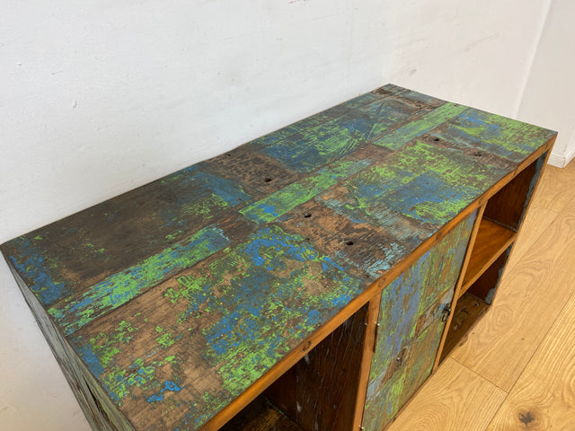 Boatwood by WMK I Sehr schöne offene Kommode handgefertigt aus altem Bootsholz in grüner Originalfarbe I Sideboard Regal Bücherschrank Bücherregal TV Lowboard Bank Bootsmöbel I Berlin Bremen Hamburg