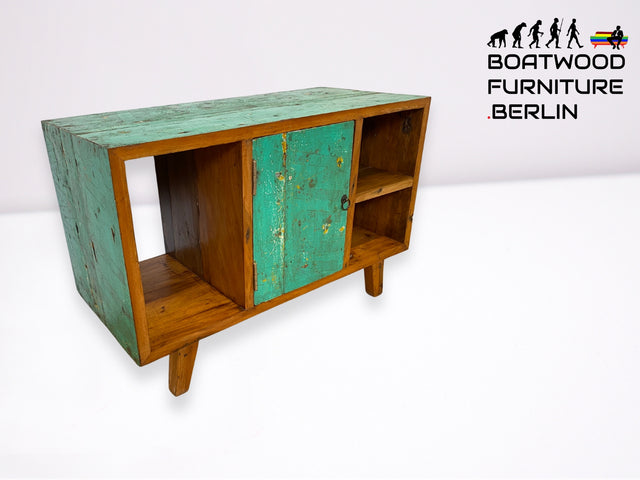 Boatwood by WMK I Sehr schöne offene Kommode handgefertigt aus altem Bootsholz in grüner Originalfarbe I Sideboard Regal Bücherschrank Bücherregal TV Lowboard Bank Bootsmöbel I Berlin Rostock Stettin