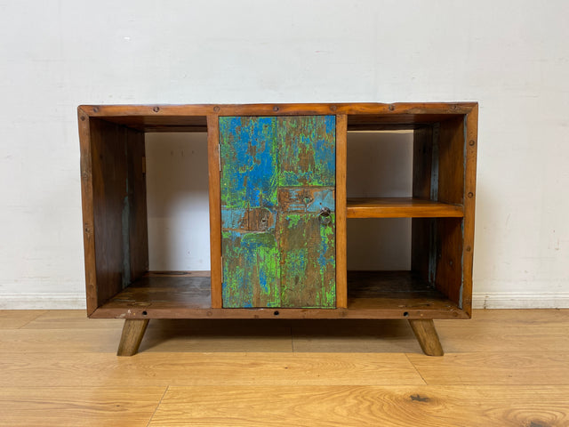 Boatwood by WMK I Sehr schöne offene Kommode handgefertigt aus altem Bootsholz in grüner Originalfarbe I Sideboard Regal Bücherschrank Bücherregal TV Lowboard Bank Bootsmöbel I Berlin Bremen Hamburg