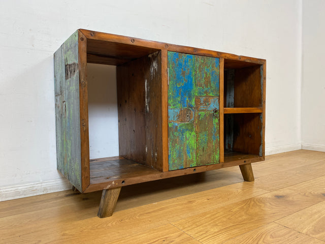 Boatwood by WMK I Sehr schöne offene Kommode handgefertigt aus altem Bootsholz in grüner Originalfarbe I Sideboard Regal Bücherschrank Bücherregal TV Lowboard Bank Bootsmöbel I Berlin Bremen Hamburg