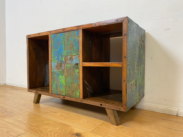 Boatwood by WMK I Sehr schöne offene Kommode handgefertigt aus altem Bootsholz in grüner Originalfarbe I Sideboard Regal Bücherschrank Bücherregal TV Lowboard Bank Bootsmöbel I Berlin Bremen Hamburg