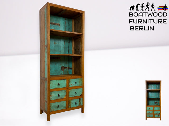 Boatwood by WMK I Schönes Bücherregal aus altem Bootsholz in Originalfarben I handgefertigt I Bücherschrank Regal Holzregal Highboard Kommode Raumtrenner Loft Teak Bootsmöbel Berlin Wolfsburg Dresden