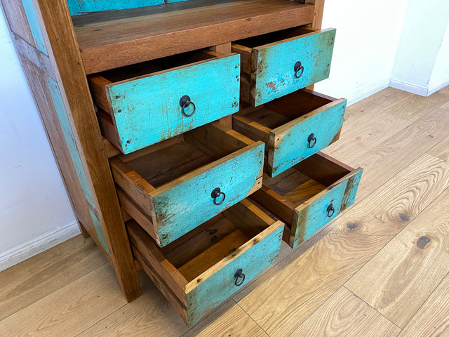 Boatwood by WMK I Schönes Bücherregal aus altem Bootsholz in Originalfarben I handgefertigt I Bücherschrank Regal Holzregal Highboard Kommode Raumtrenner Loft Teak Bootsmöbel Berlin Wolfsburg Dresden