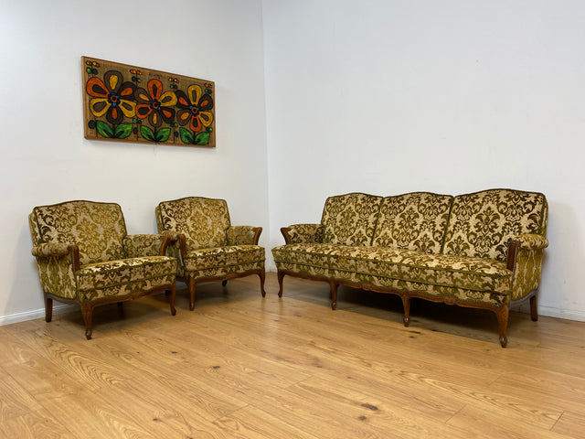 WMK # 1/2 Eleganter, gemütlicher und sehr gut erhaltener Chippendale Sessel mit wunderbarem Brokat Bezug & handverziertem Holzrahmen # Lesesessel Armchair Sitzgarnitur Stilmöbel Barock Rokoko Vintage