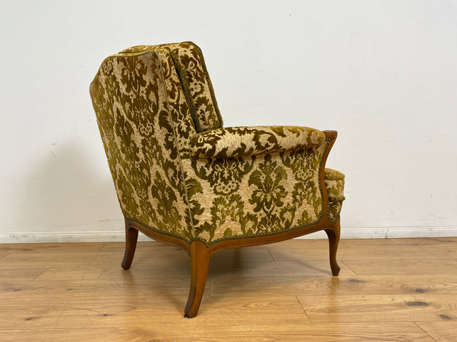 WMK # 1/2 Eleganter, gemütlicher und sehr gut erhaltener Chippendale Sessel mit wunderbarem Brokat Bezug & handverziertem Holzrahmen # Lesesessel Armchair Sitzgarnitur Stilmöbel Barock Rokoko Vintage