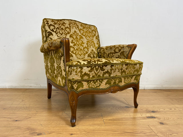 WMK # 1/2 Eleganter, gemütlicher und sehr gut erhaltener Chippendale Sessel mit wunderbarem Brokat Bezug & handverziertem Holzrahmen # Lesesessel Armchair Sitzgarnitur Stilmöbel Barock Rokoko Vintage