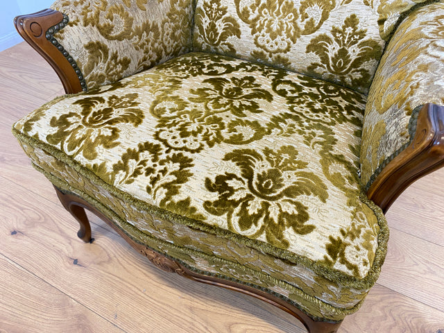 WMK # 1/2 Eleganter, gemütlicher und sehr gut erhaltener Chippendale Sessel mit wunderbarem Brokat Bezug & handverziertem Holzrahmen # Lesesessel Armchair Sitzgarnitur Stilmöbel Barock Rokoko Vintage