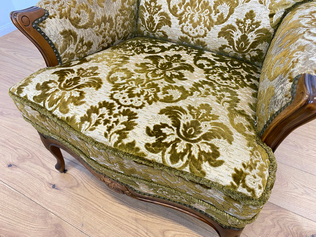 WMK # 1/2 Eleganter, gemütlicher und sehr gut erhaltener Chippendale Sessel mit wunderbarem Brokat Bezug & handverziertem Holzrahmen # Lesesessel Armchair Sitzgarnitur Stilmöbel Barock Rokoko Vintage