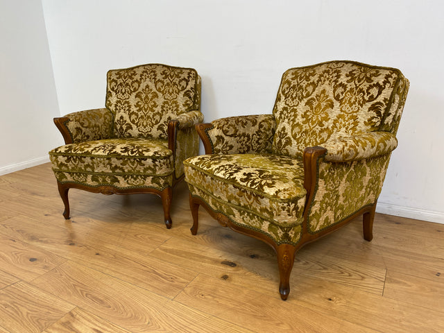 WMK # 1/2 Eleganter, gemütlicher und sehr gut erhaltener Chippendale Sessel mit wunderbarem Brokat Bezug & handverziertem Holzrahmen # Lesesessel Armchair Sitzgarnitur Stilmöbel Barock Rokoko Vintage