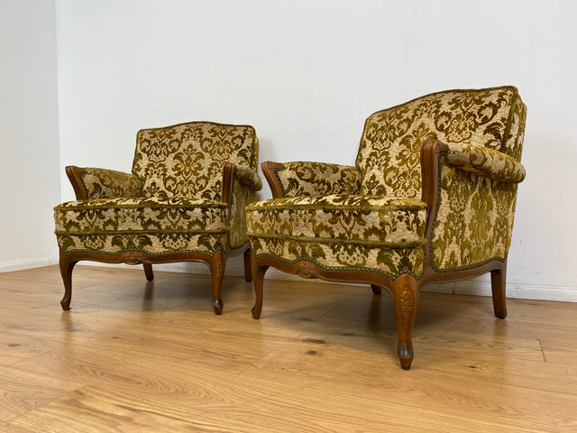 WMK # 1/2 Eleganter, gemütlicher und sehr gut erhaltener Chippendale Sessel mit wunderbarem Brokat Bezug & handverziertem Holzrahmen # Lesesessel Armchair Sitzgarnitur Stilmöbel Barock Rokoko Vintage