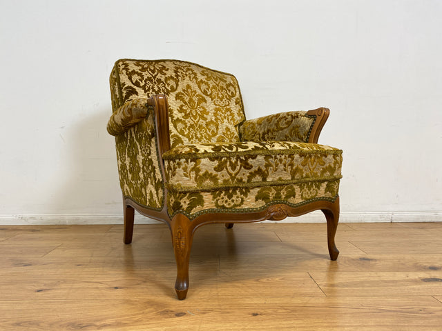 WMK # 1/2 Eleganter, gemütlicher und sehr gut erhaltener Chippendale Sessel mit wunderbarem Brokat Bezug & handverziertem Holzrahmen # Lesesessel Armchair Sitzgarnitur Stilmöbel Barock Rokoko Vintage
