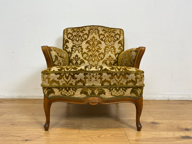 WMK # 1/2 Eleganter, gemütlicher und sehr gut erhaltener Chippendale Sessel mit wunderbarem Brokat Bezug & handverziertem Holzrahmen # Lesesessel Armchair Sitzgarnitur Stilmöbel Barock Rokoko Vintage
