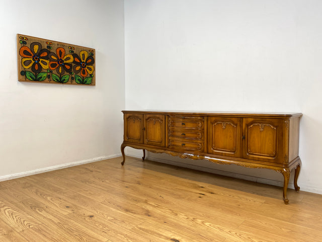 WMK I Elegantes 60er Jahre Chippendale Sideboard von Warrings, Vollholz aus Nussbaum & Mahagoni mit hübschen Holzapplikationen I Kommode Schrank Lowboard TV-Lowboard TV-Bank Anrichte Boho Vintage
