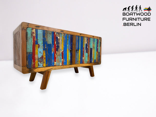 Boatwood by WMK I Bunterschönes Sideboard handgefertigt aus altem Bootsholz I Teakholz massiv I Kommode TV Lowboard Board Bank Schuhschrank Anrichte Bootsmöbel Treibholz I Berlin Hannover Dresden