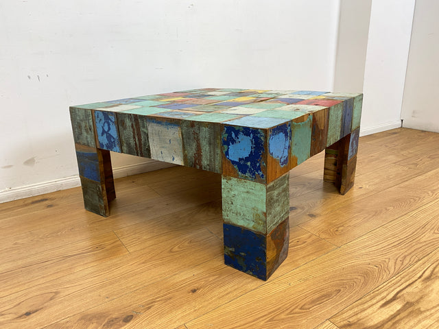 Boatwood by WMK I Einzigartiger Couchtisch aus altem Bootsholz, ein handgefertigtes Unikat aus massivem Teakholz in Originalfarben der Boote I bunter Wohnzimmertisch Sofatisch Coffee Table Bootsmöbel