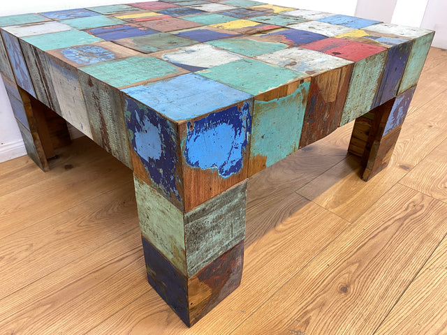 Boatwood by WMK I Einzigartiger Couchtisch aus altem Bootsholz, ein handgefertigtes Unikat aus massivem Teakholz in Originalfarben der Boote I bunter Wohnzimmertisch Sofatisch Coffee Table Bootsmöbel