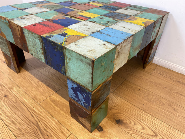Boatwood by WMK I Einzigartiger Couchtisch aus altem Bootsholz, ein handgefertigtes Unikat aus massivem Teakholz in Originalfarben der Boote I bunter Wohnzimmertisch Sofatisch Coffee Table Bootsmöbel