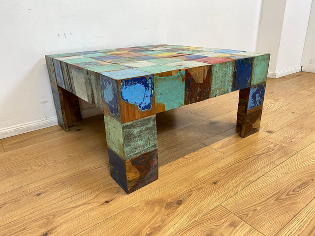 Boatwood by WMK I Einzigartiger Couchtisch aus altem Bootsholz, ein handgefertigtes Unikat aus massivem Teakholz in Originalfarben der Boote I bunter Wohnzimmertisch Sofatisch Coffee Table Bootsmöbel