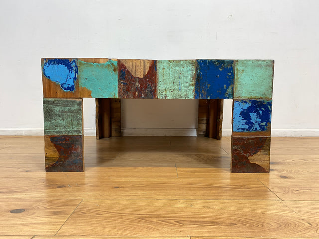 Boatwood by WMK I Einzigartiger Couchtisch aus altem Bootsholz, ein handgefertigtes Unikat aus massivem Teakholz in Originalfarben der Boote I bunter Wohnzimmertisch Sofatisch Coffee Table Bootsmöbel