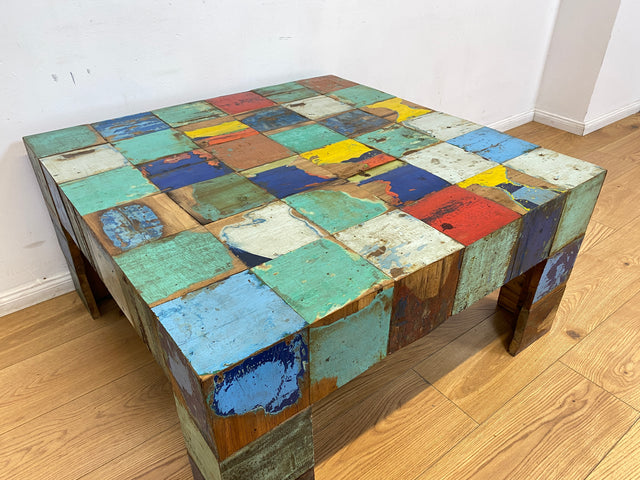 Boatwood by WMK I Einzigartiger Couchtisch aus altem Bootsholz, ein handgefertigtes Unikat aus massivem Teakholz in Originalfarben der Boote I bunter Wohnzimmertisch Sofatisch Coffee Table Bootsmöbel