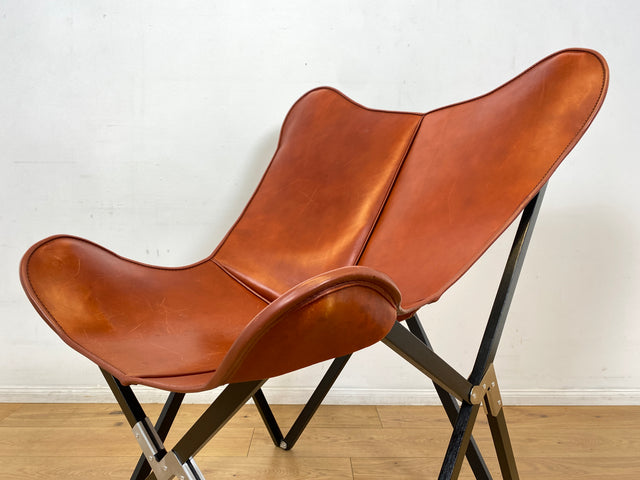 WMK I Das Highlight I Berühmter Designer Butterfly Chair von Weinbaums , zusammenfaltbar, mit hochwertigem Tabakbraunem Echtleder NP 1549€ I Sessel Stuhl Armchair Schmetterlingsstuhl BKF Leder Vintage