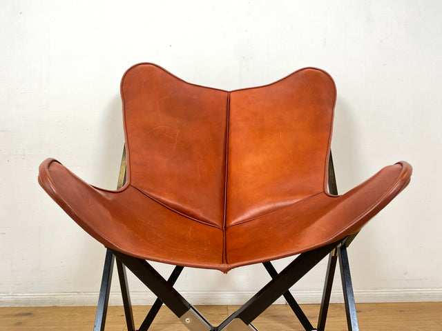 WMK I Das Highlight I Berühmter Designer Butterfly Chair von Weinbaums , zusammenfaltbar, mit hochwertigem Tabakbraunem Echtleder NP 1549€ I Sessel Stuhl Armchair Schmetterlingsstuhl BKF Leder Vintage