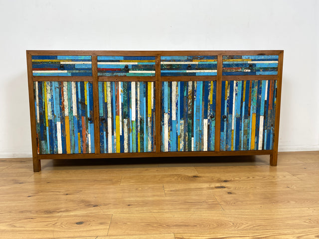 Boatwood by WMK I Bunterschönes und detailreiches Sideboard mit Schubladen , ein aus altem Bootsholz handgefertigtes Unikat aus massivem Teakholz # Kommode Schrank Anrichte Flur Wäsche Bootsmöbel Teak