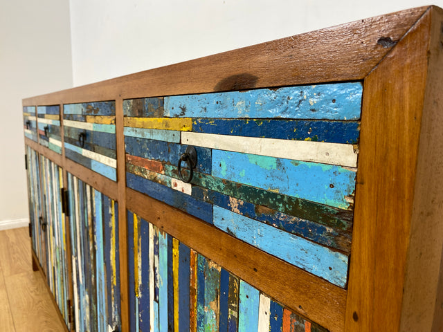 Boatwood by WMK I Bunterschönes und detailreiches Sideboard mit Schubladen , ein aus altem Bootsholz handgefertigtes Unikat aus massivem Teakholz # Kommode Schrank Anrichte Flur Wäsche Bootsmöbel Teak