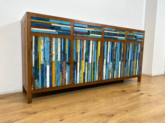 Boatwood by WMK I Bunterschönes und detailreiches Sideboard mit Schubladen , ein aus altem Bootsholz handgefertigtes Unikat aus massivem Teakholz # Kommode Schrank Anrichte Flur Wäsche Bootsmöbel Teak